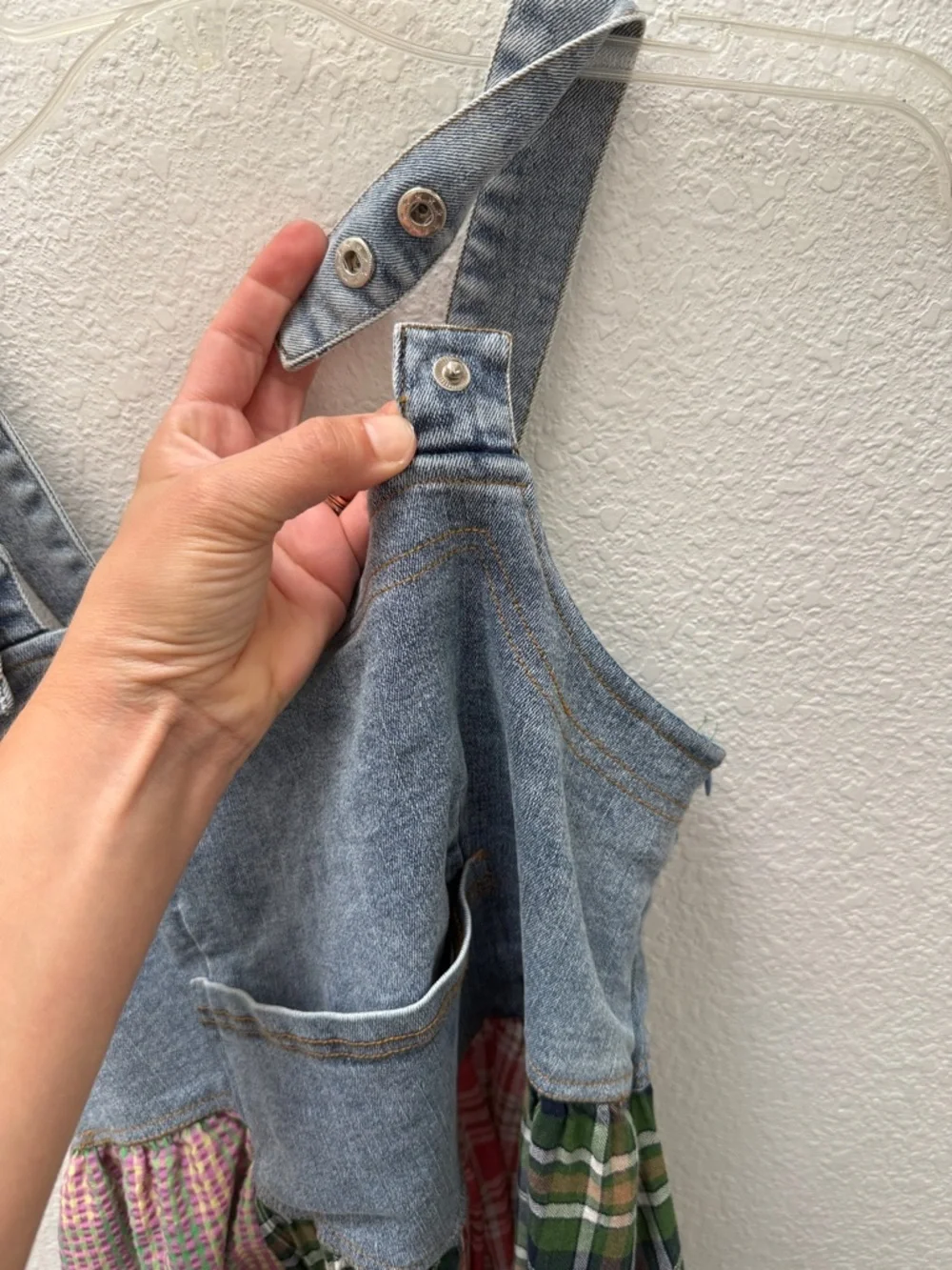 Ces Femme Denim Bodice Patchwork Plaid Maxi Dress - Green & Pink size Small - Picture 11 of 11